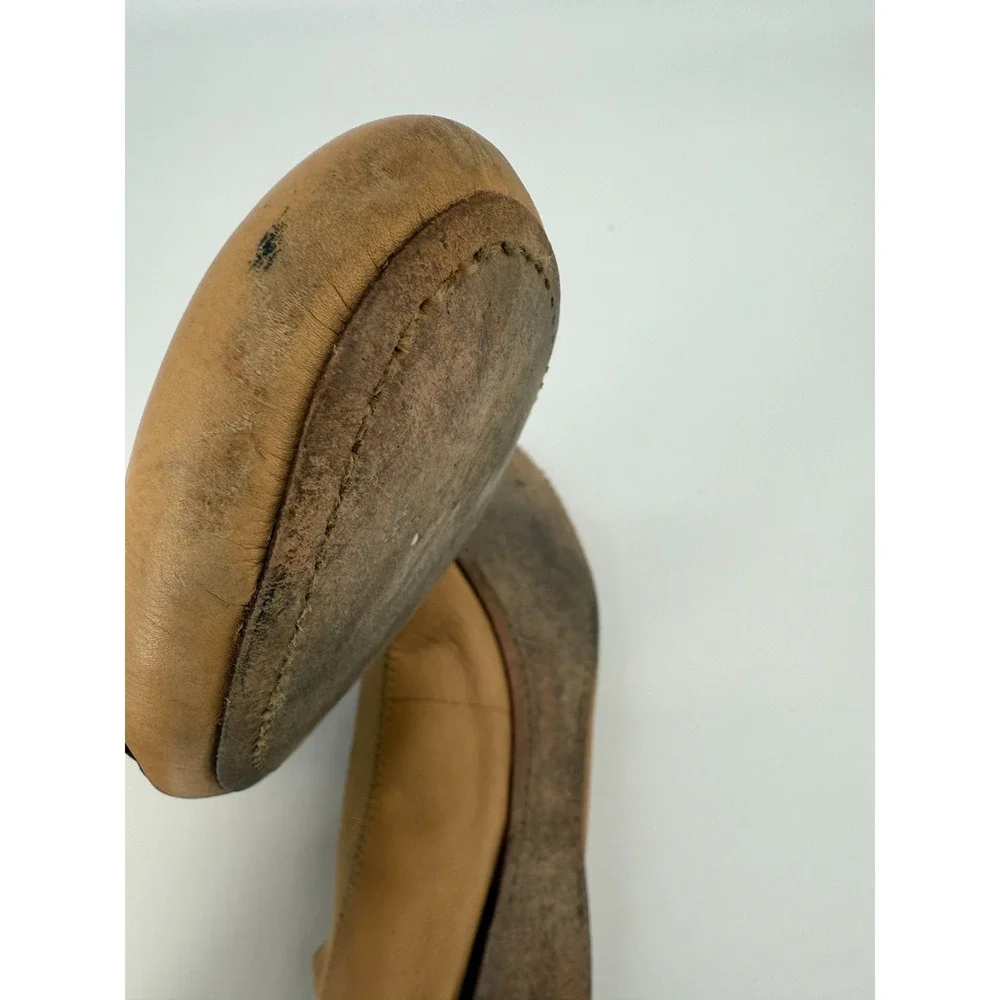 Tory Burch Reva Ballet Flats Size 7.5M Tan Leather Gold Logo Classic Preppy Chic